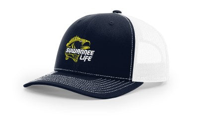 Richardson 112 Navy Front White mesh snapback trucker hat with Yellow bass image on front